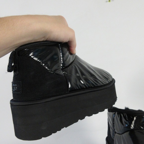 UGG Plush Platform Ankle Boots Women 11 Black Wool Mini Ultra Patent Y2K 942 - Picture 11 of 13